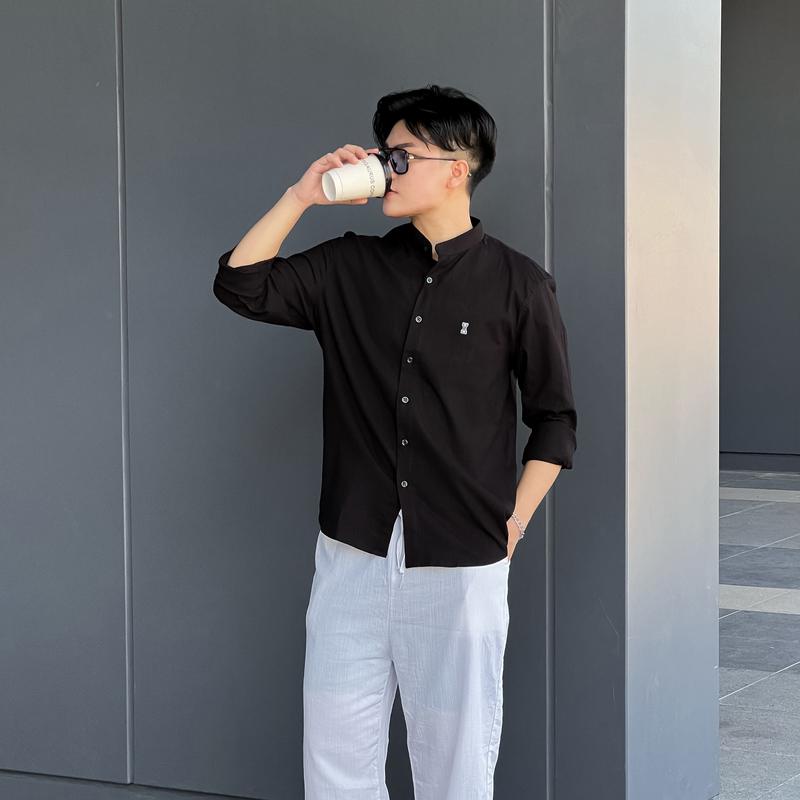 ICANO MENSWEAR Áo Sơ Mi Cổ Tàu Dài Tay Vải Linen Co Giãn Màu Đen 8