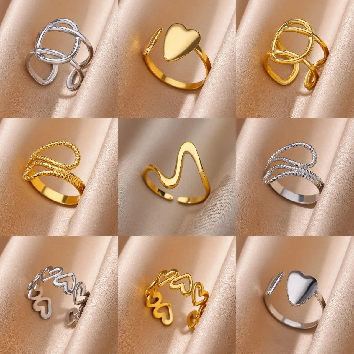 Stainless Steel Heart Ring Gold Color Open Adjustable Rings Fashion Aesthetics Romantic Couple Finger Ring Jewelry Gift