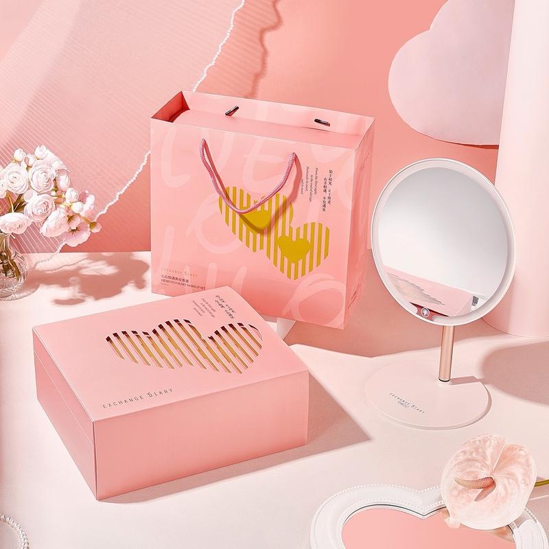 [ Quà tặng ] Bộ Trang điểm nội địa Trung đầy đủ 10món có gương led tròn, hộp hồng trái tim + Tặng kèm túi đựng đẹp Mỹ Phẩm Cosmetic set  makeup