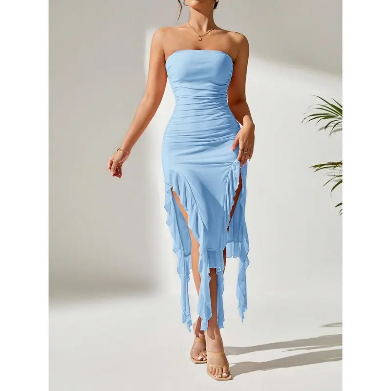 Ruched Split Thigh Ruffle Trim Tube Dress,Pastel Dresses For Women 3