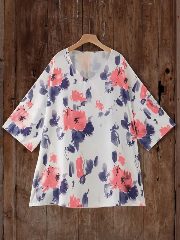 【Plus Size】 Floral Print Curved Hem Cover Up Top, Casual Half Sleeve V Neck Top for Summer, Women's Plus Clothing for Daily Wear, Shirts 8