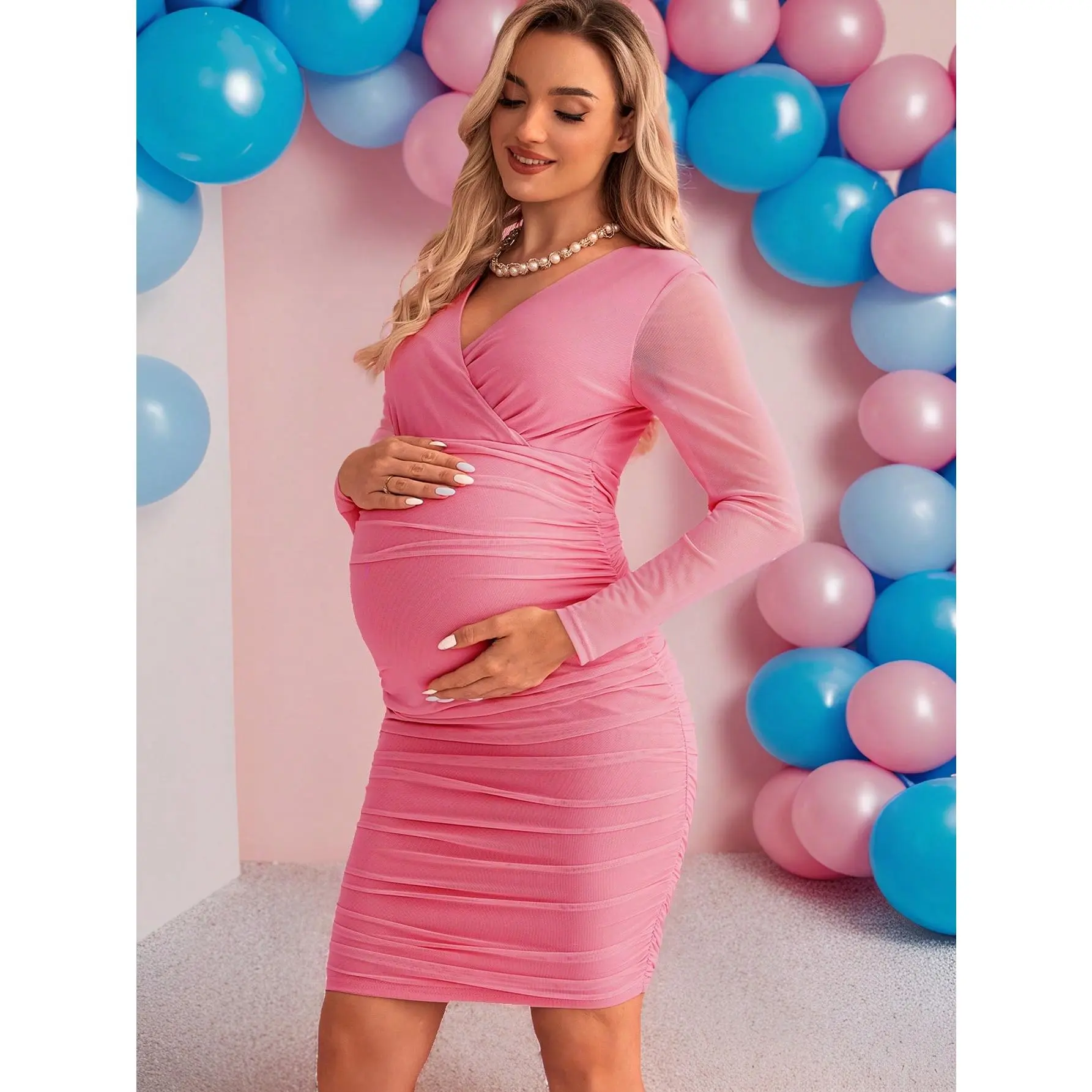 Loomaby Gender Reveal Dress Pregnant Women V-Neckline Ruffled Elegant Tight-Fitting Long-Sleeved Dress,Perfect For Vacation Baby Shower Party Maternity Dress