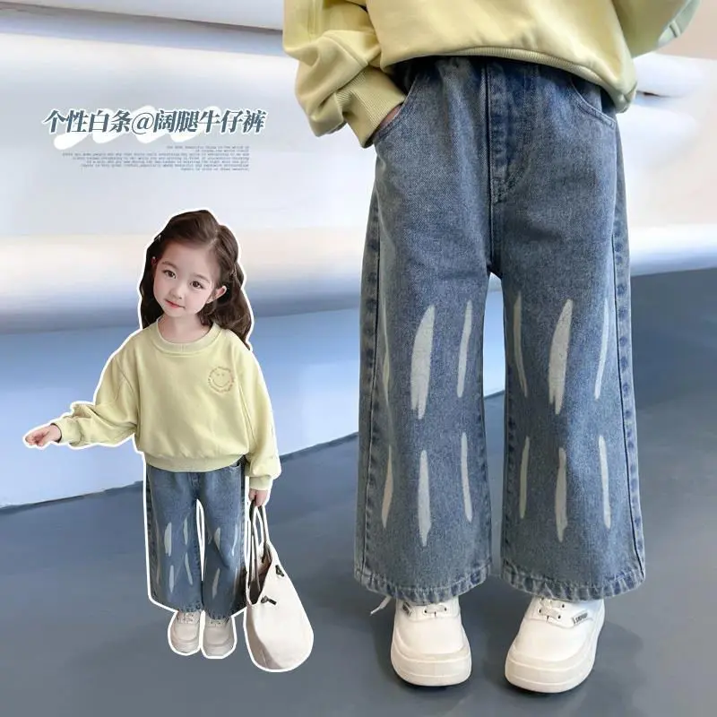 Seluar Jeans Perempuan, Pakaian Kanak-kanak, Fesyen, Ketibaan Baru Musim Luruh, Gaya Korea, Seluar Kaki Lebar Longgar, Seluar Kasual Bayi, Fesyen