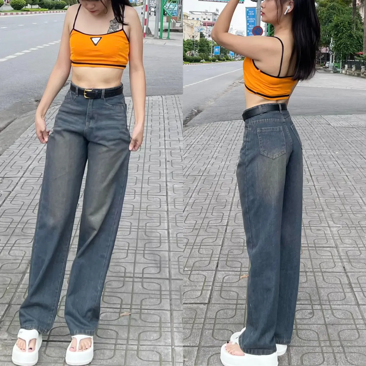 Quần Jeans Trơn Suông Ống Rộng Phong Cách Đơn Giản - Xanh Đậm