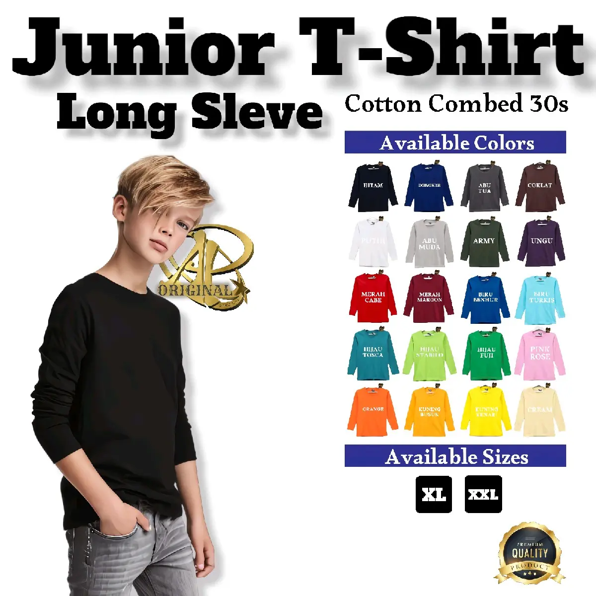 Kaos Polos Lengan Panjang Anak Tanggung / Junior 9 - 14 Tahun XL XXL Pria Wanita / Unisex. Bahan 100% Cotton Combed 30s. Produk Ap Original Kualitas Premium Fashion