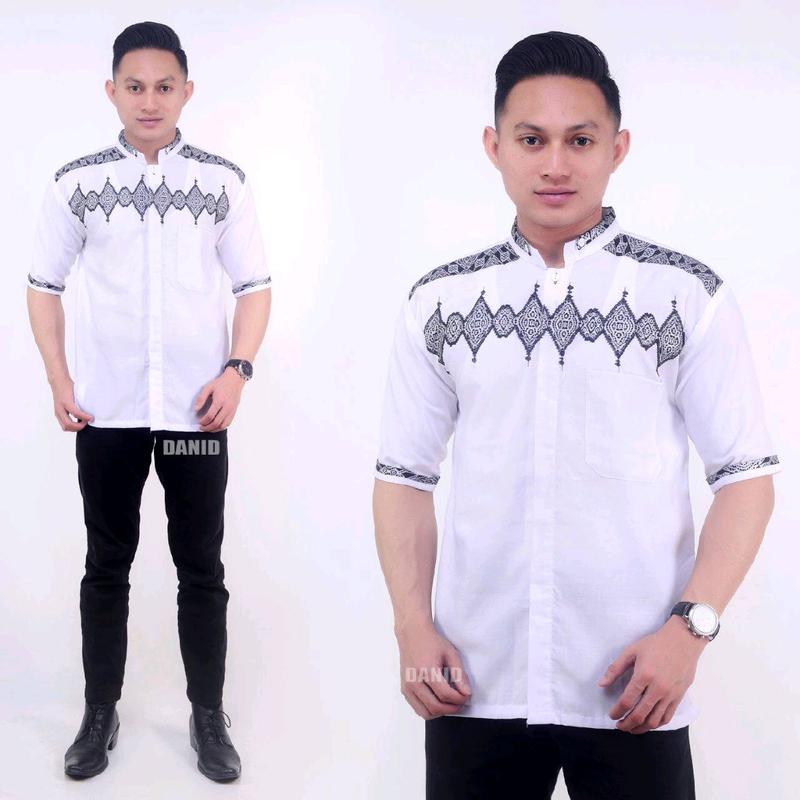 BAJU KOKO PRIA BORDIR PUTIH LENGAN PENDEK TERBARU TH 2023 Katun muslim formal muda dewasa Motif Kurta 2
