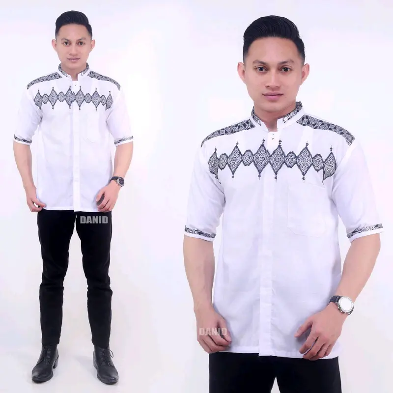 BAJU KOKO PRIA BORDIR PUTIH LENGAN PENDEK TERBARU TH 2023 Katun muslim formal muda dewasa Motif Kurta 1