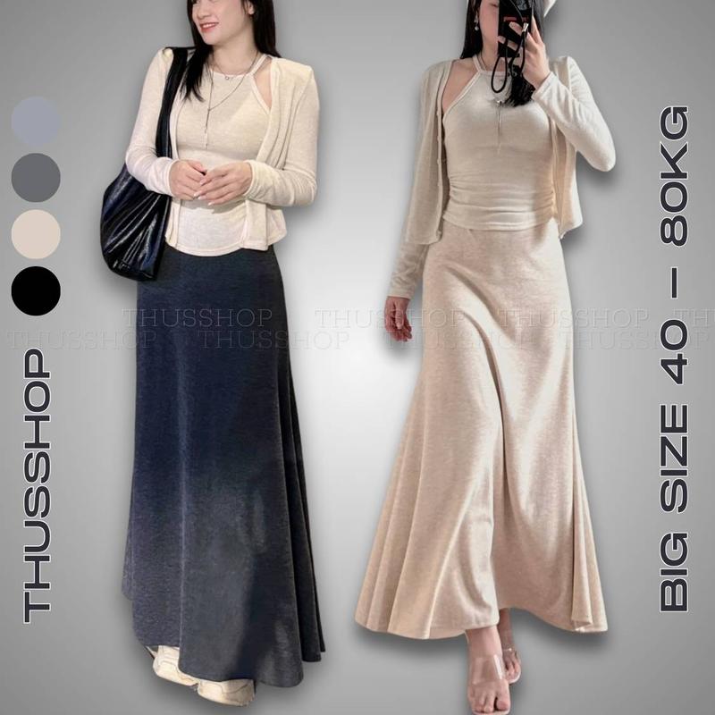  Chân Váy Dài Dáng A Chất Len Dệt Kim Màu Trơn Đen Trắng Xám Bassic BIGSIZE Mặc Thu Đông THUS523 