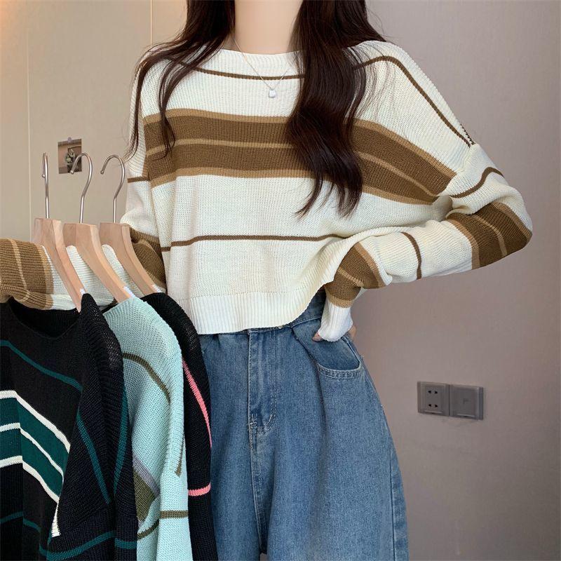 Product Introduction of Áo len tay dài thời trang mùa thu đông áo cổ tròn rộng rãi Top Nữ Women Sọc 12