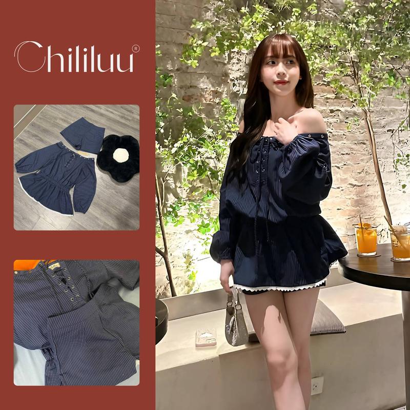  Váy trễ vai Chililuu váy xinh xanh ngắn kẻ sọc thắt nơ tay bo chun có lót quần phong cách sexy 