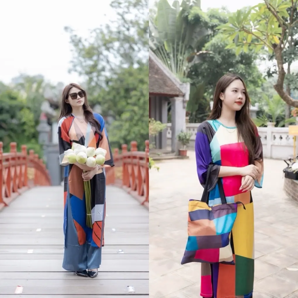 Bộ áo dài Color block kèm túi xách. Mã 07
