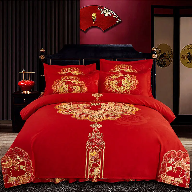 Bộ Bốn Món Đám Cưới, Màu Đỏ Tươi, Ga Trải Giường Dày, Vỏ Chăn, Vỏ Chăn Đôi, Bộ Đồ Giường, Hàng Mới Về, Thích Hợp Làm Quà Cưới 1