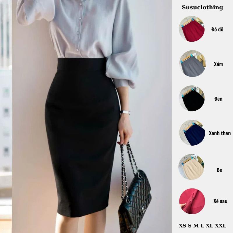 Susuclothing Chân váy bút chì công sở dáng dài tới gối có túi có lót 2 lớp xẻ sau dài 60cm BC62