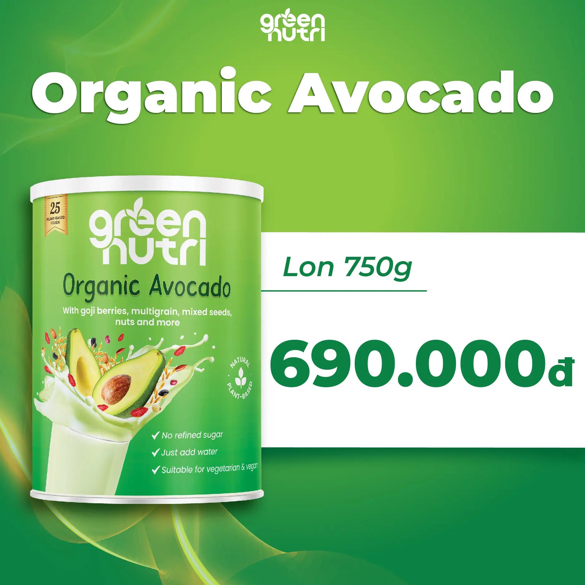 Green Nutri Organic Avocado - Sữa Hạt Ngũ Cốc Dạng Lon 750g