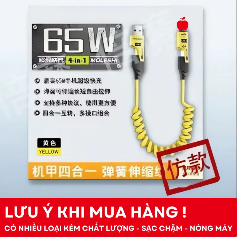 Cáp sạc 4 trong 1 LÒ XO gọn dùng trên xe, bàn decor, dài 1.5m,chuẩn PD C-L 27W 20W,C-C 65W-ENJOYPLUS 2
