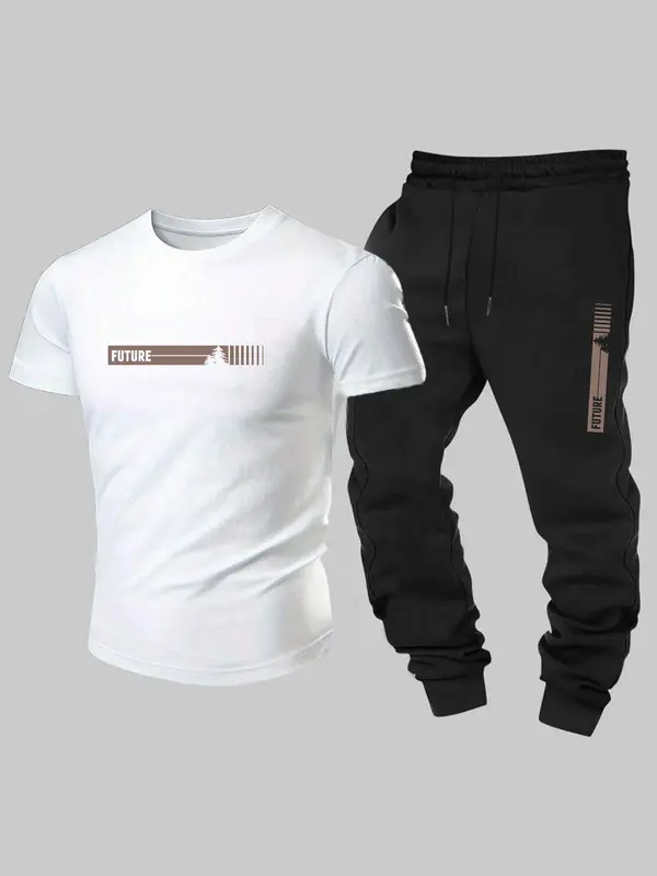 Men's Letter Print Tee & Pants Two-piece Set, Regular Fit Casual Short Sleeve T-shirt & Jogger Pants, Men's Two-piece Outfits for Spring & Fall 3