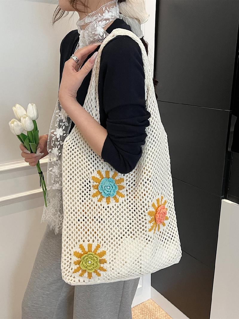 Product Introduction of Women's Colorblock Flower Design Crochet Tote Bag, Casual Versatile Shoulder Bag for Daily Used, Trendy High-quality Daily Commuting Bag, Girl Fashionable Shopping Bag 5