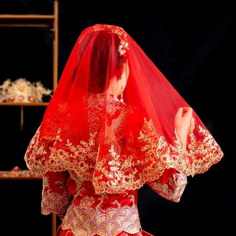 Product Introduction of Romantic Gauze Embroidery Red Bridal Veil Lace Ancient Chinese Wedding Gowns Mesh Short Xiuhe Dress Veil Party 9