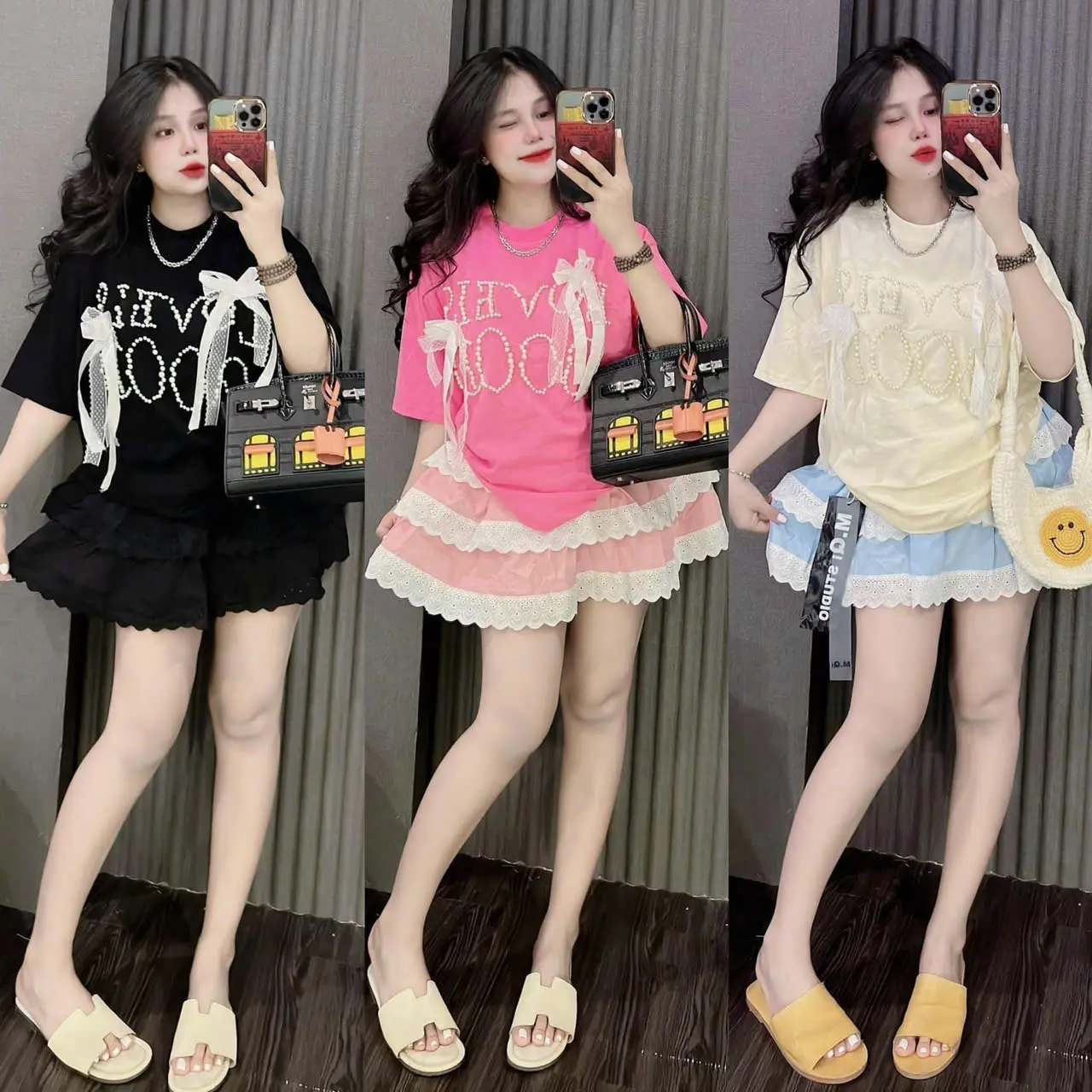 Set áo thun tăm đính phụ kiện kèm chân váy mango phối ren tầng thiết kế dễ thương đi chơi