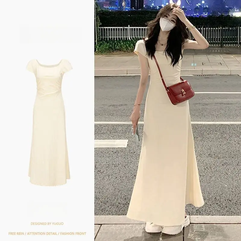 Summer 2024 New Women's Beautiful Waist Slimming Dress Platycodon Grandiflorum French Gentle Pleating Sheath Long Skirt maxi  dresses prom  dress gaun  merah day  night  outfit