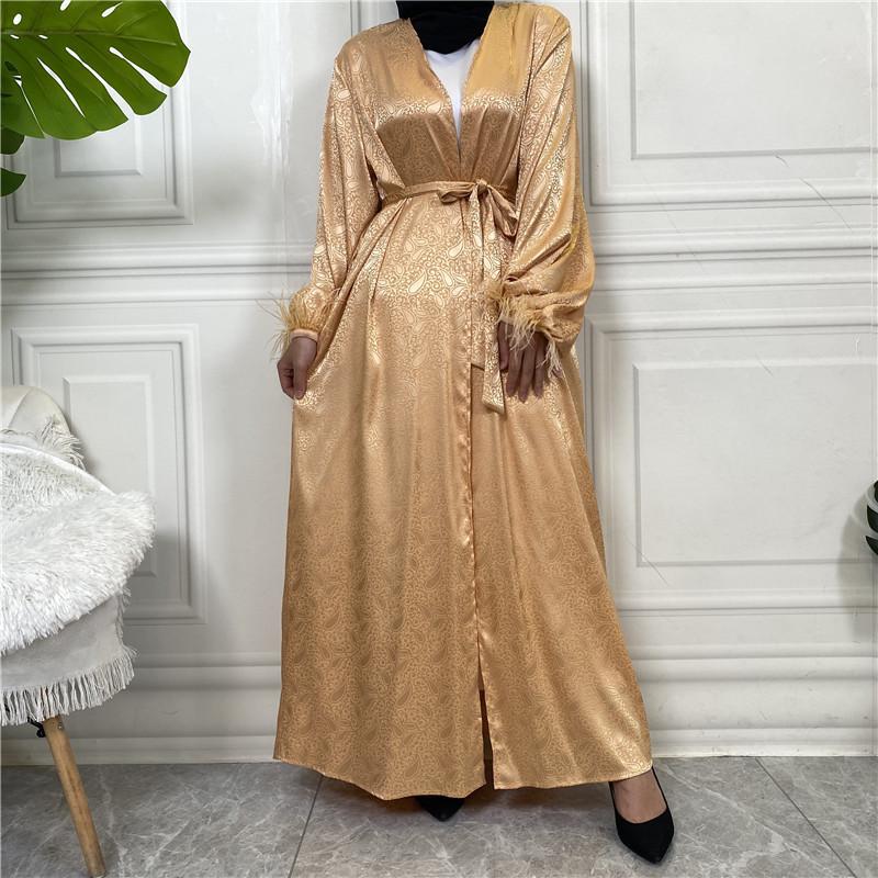 Product Introduction of Cross-Border Exclusive Muslim Clothing Printed Satin Long Sleeve Feather Cardigan 1950 21