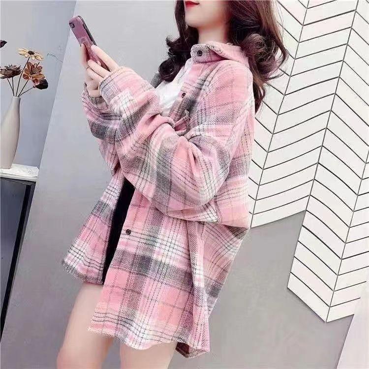 Áo Sơ Mi Kẻ Sọc, Len Dày Chải, Dáng Rộng Vừa Vặn, Dài Trung Bình Dành Cho Nữ, Thích Hợp Cho Mùa Thu Và Mùa Đông, Hàng Mới Về, Phong Cách Hồng Kông, Áo Khoác Sơ Mi Dễ Phối Đồ Thời Trang 0