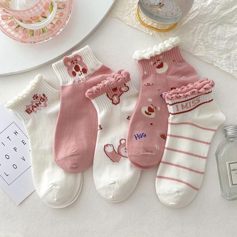 Set 10 Đôi Tất Vớ Nữ Họa Tiết Gấu Hồng Cổ Bèo Dễ Thương Phong Cách Hàn Quốc Chất Liệu Cotton Mềm Mại Thấm Hút Mồ Hôi Giữ Chân Khô Thoáng Kèm Kẹp Tóc Hoa Sứ