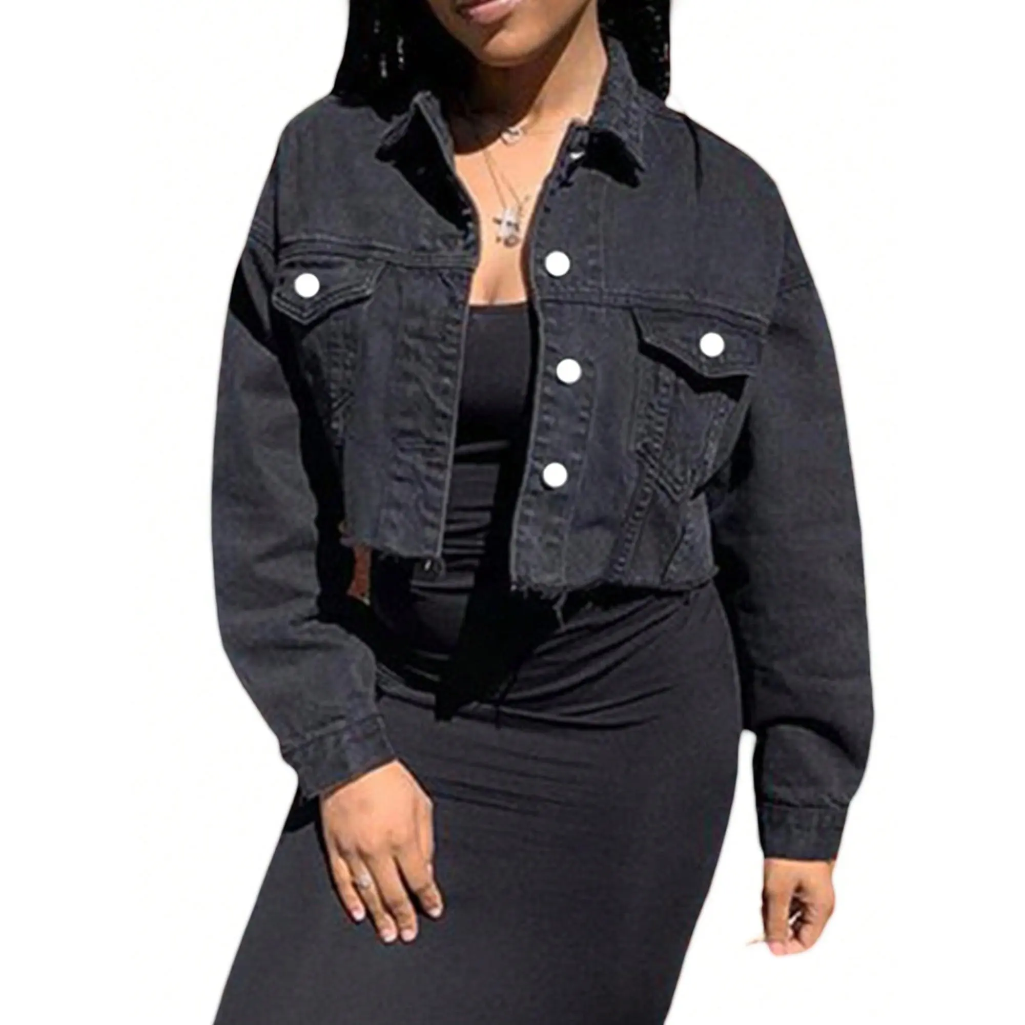 Women's Denim Short Coat Solid Color Long Sleeve Lapel Jacket Button Down Distressed Hem Crop Jeans Coat