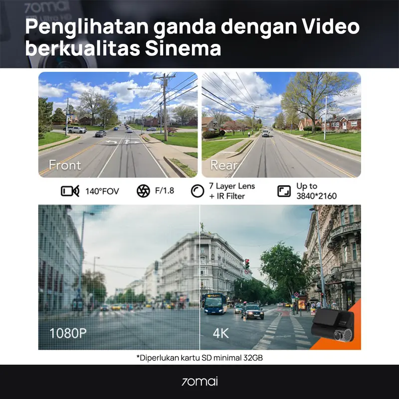 70mai Dash Cam A800s HD 4K 2160P GPS ADAS Set (Front+Rear Camera) Kamera Depan Belakang Kamera Dasbor Mobil 2023 1