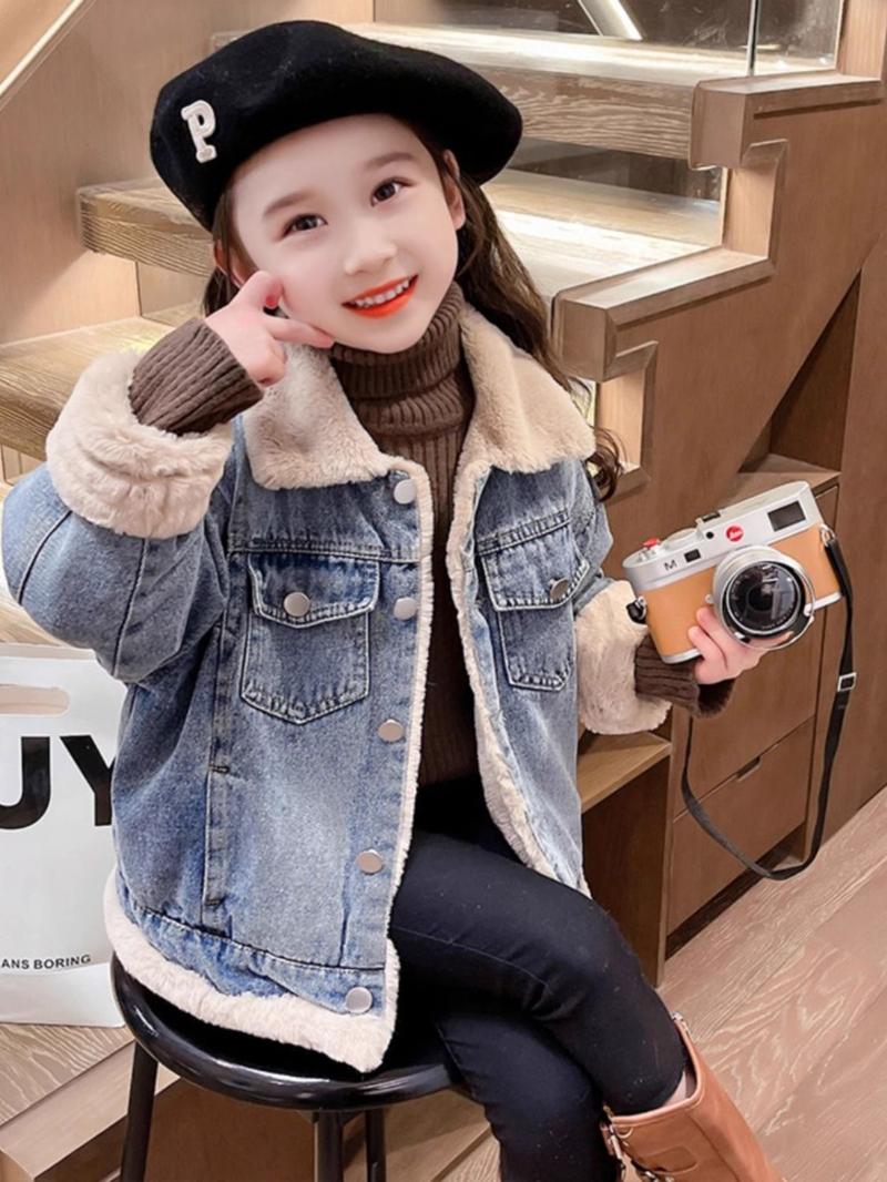 Product Introduction of Áo Khoác Denim Lót Lông Cừu, Cho Bé Gái, Dày Dặn, Áo Khoác Bông, Mùa Thu Đông, Áo Sơ Mi Sành Điệu, Hợp Xu hướng, Hàng Mới Về Năm 2025 1