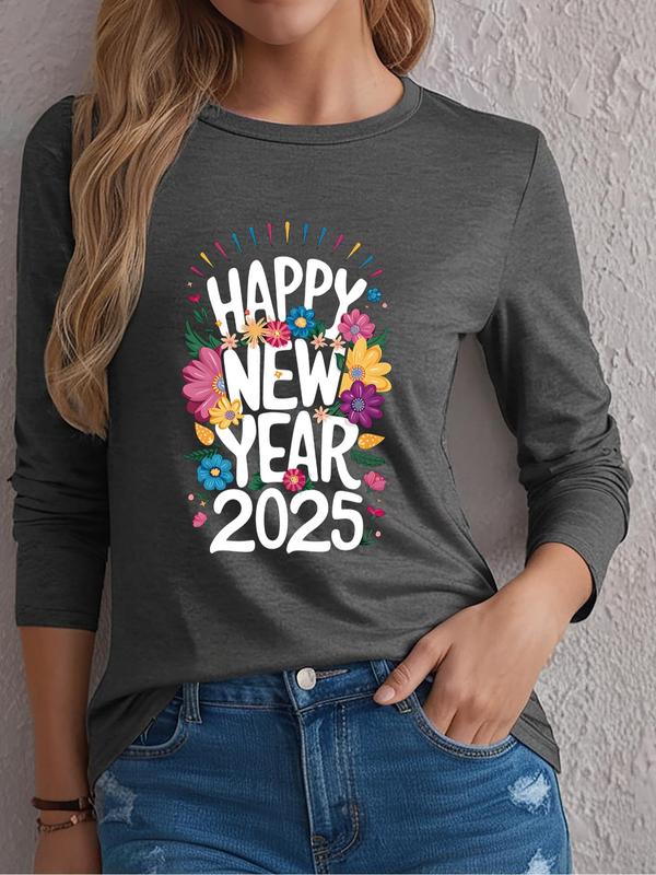 Women's Floral & Letter Print Round Neck Tee, Casual Long Sleeve Crew Neck T-Shirt for Spring & Fall, Fashion Women's Top for Daily Wear 2