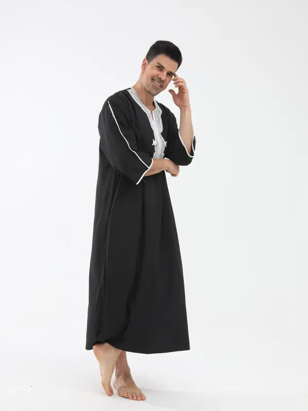 Men's Contrast Trim Robe, Loose Casual Comfy Muslim Clothing for Daily Wear, Men's Islamic Clothing for All Seasons 4