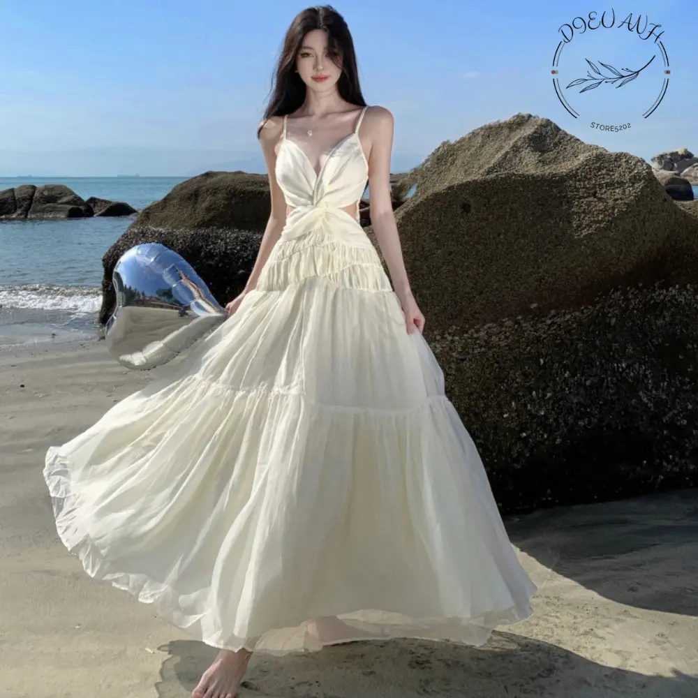 Váy đi biển - Đầm 2 dây maxi hở lưng phối voan bèo siêu tôn dáng , nổi bật dieuanh_5202