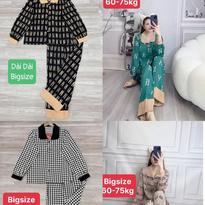 [60-73 kg ] Bộ lụa mặc nhà chất lụa mango , Lụa xước ánh kim thiết kế sang ,Bigsize Tay dài Quần dài  , chất lụa mềm , thấm hút mồ hôi . Áo 2