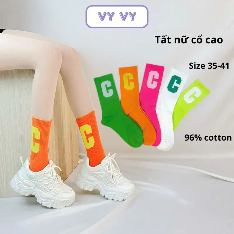 Tất vớ cổ cao chữ C 5 màu tươi sáng phong cách thể thao trẻ trung năng động 0