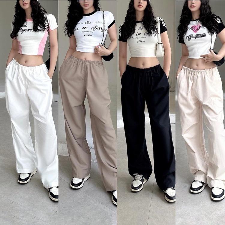 Quần ống suông cạp thun chun có túi lưng cạp thấp có túi màu Đen trắng ghi dáng dài chất kaki Quần tây ống rộng nữ Đi học công sở tôn dáng