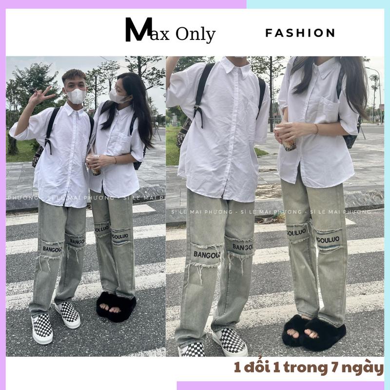Quần jean bò nam nữ ống suông rộng hoạ tiết chữ thêu vạch gối đẹp 0