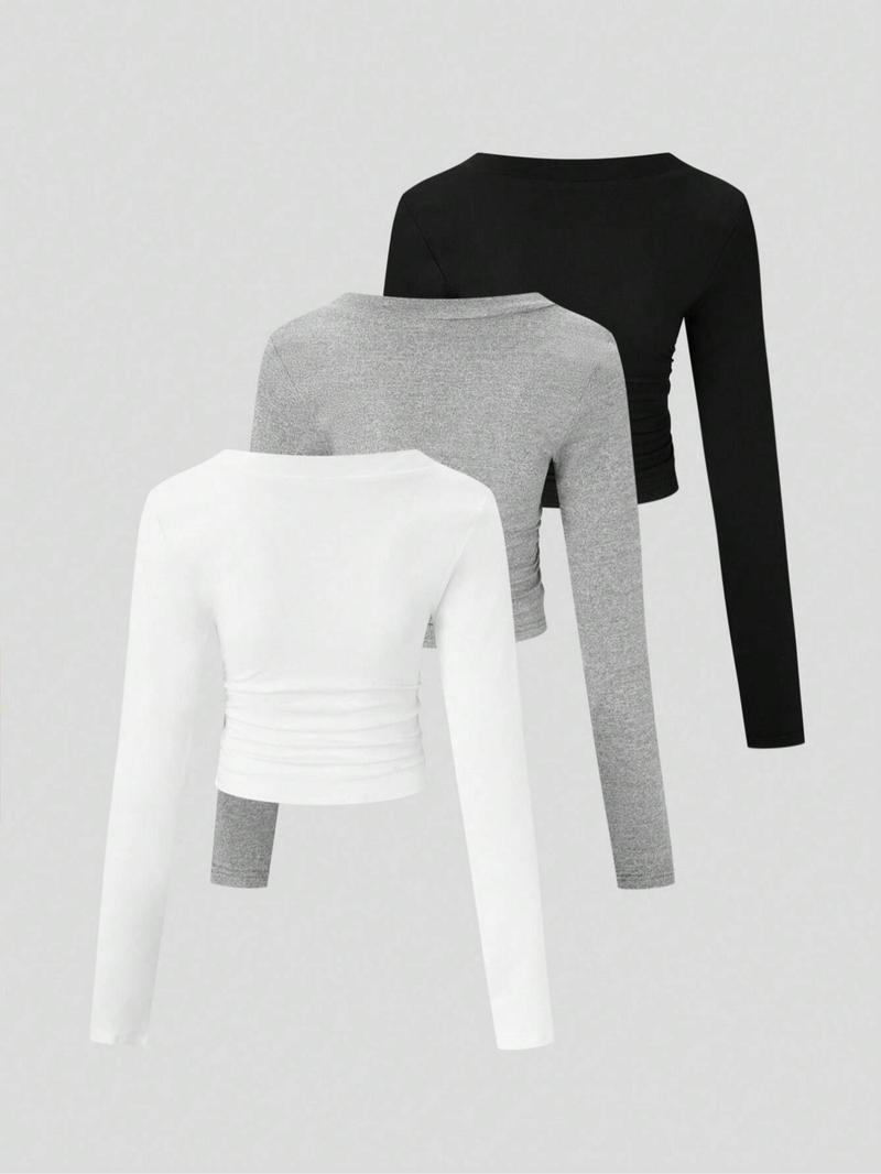 Product Introduction of Women's Solid Ruched V Neck Tee, Elegant Fashion Casual Long Sleeve T-shirt for Daily Outdoor Wear, Women Clothing for Fall & Winter 13