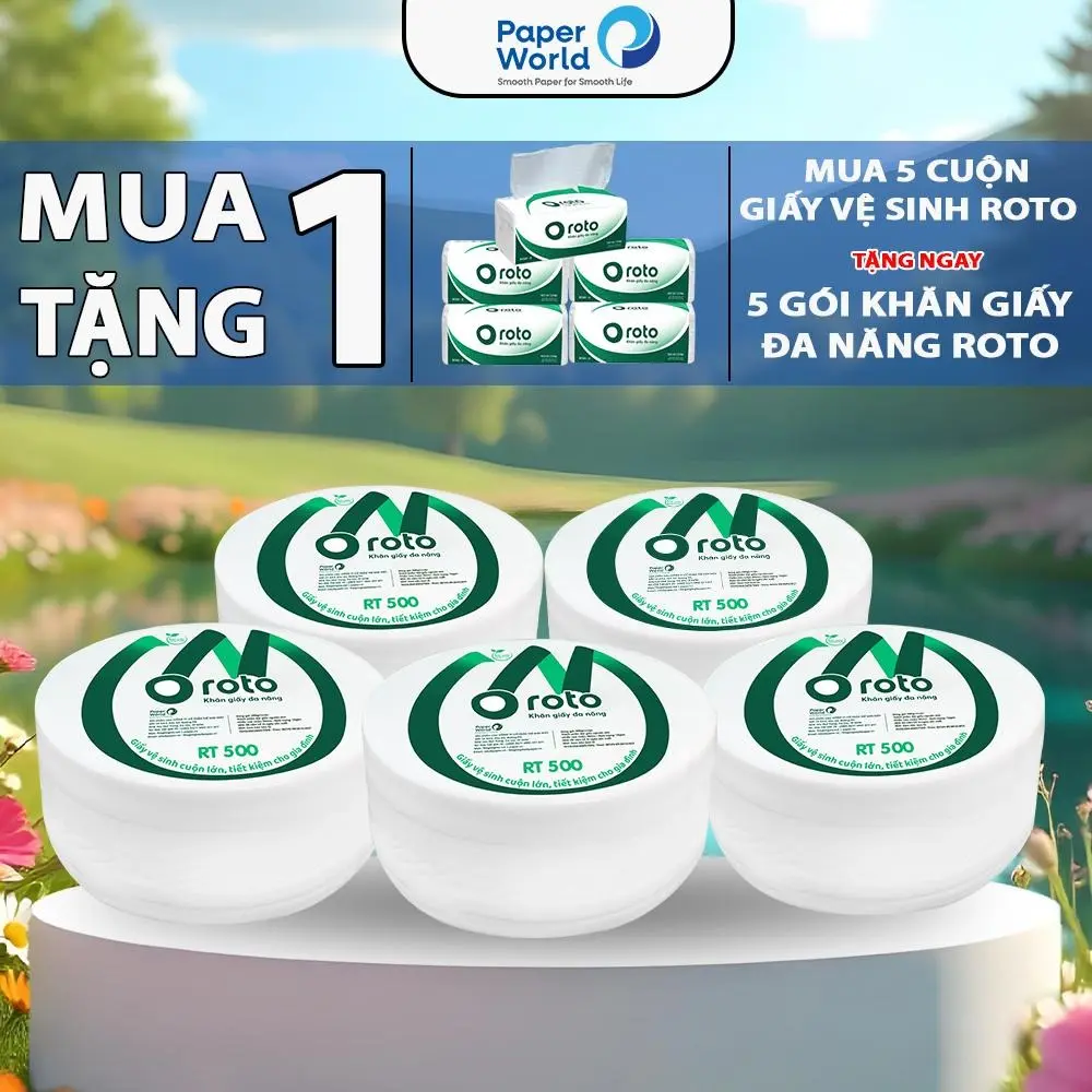 [MUA 1 TẶNG 1 ]  Combo 5 cuộn giấy Vệ Sinh ROTO 500g Cuộn Lớn 2 lớp mềm mịn, có lõi  [TẶNG 5 GÓI RT20-2] - Thế Giới Giấy RT500
