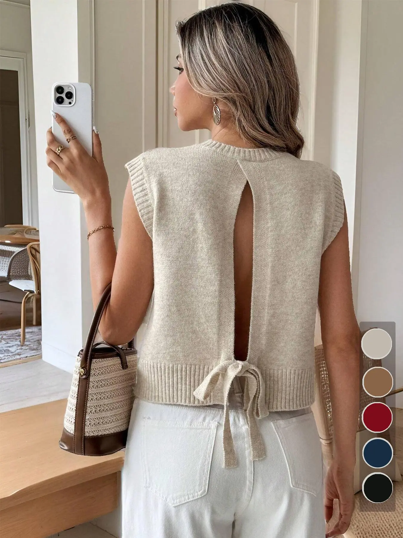 Women's Plain Tie Back Crop Sweater Vest, Casual Sleeveless Knit Top for Summer, Fashion Women's Knitwear for Daily Wear