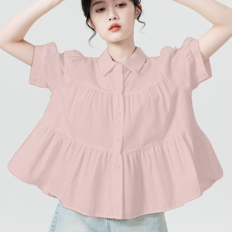 Áo babydoll kiểu sơ mi nữ bigsize tay phồng dáng xoè nhìn thon gọn màu đen, trắng, kem, xanh, hồng Size SMLXL xuongmayvinhthuy Nhung somi hot Shirt