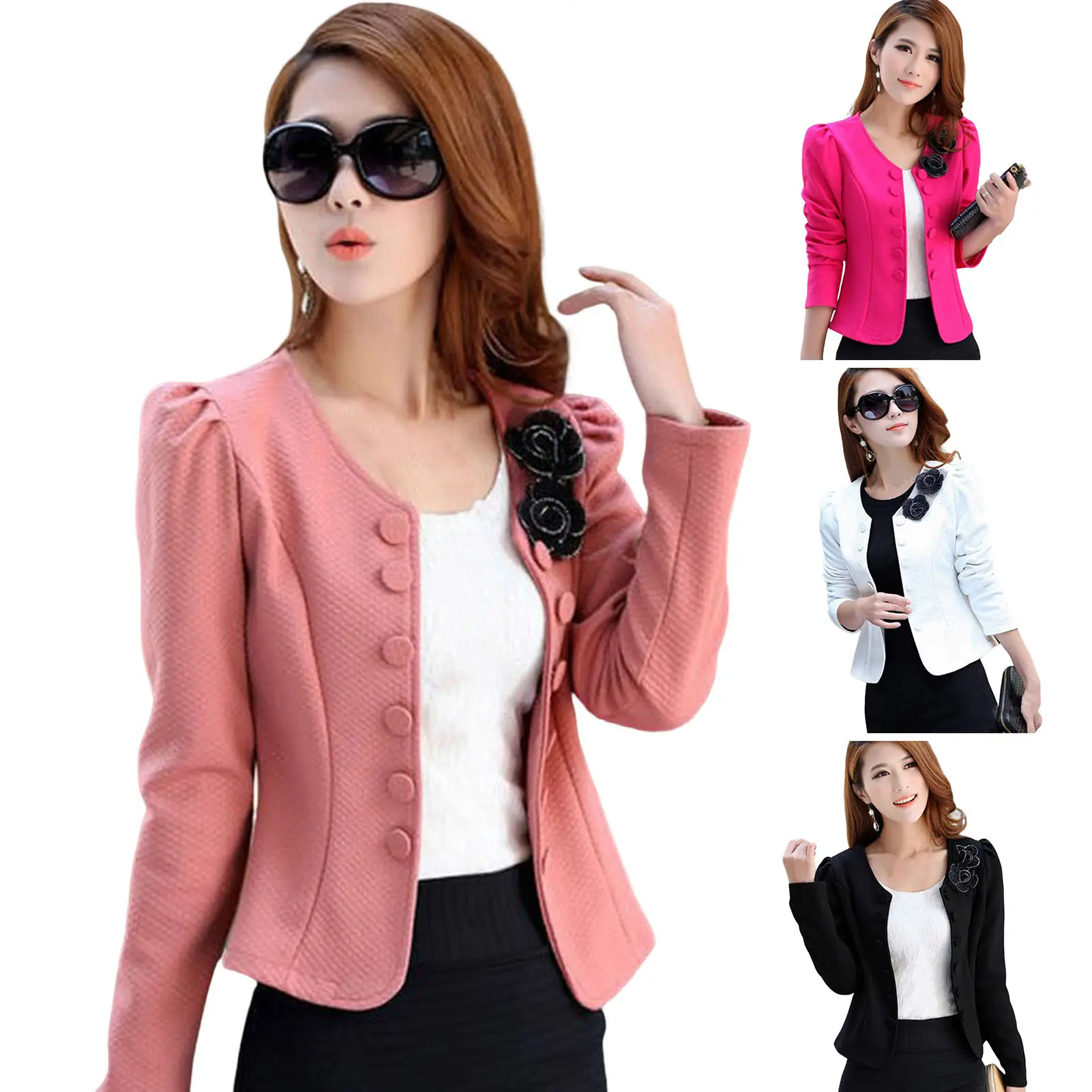 [DR] Women Blazer Button Solid Color Long Sleeves Flower Collarless Keep Warm Casual Slim Fit Formal Autumn Coat for Work