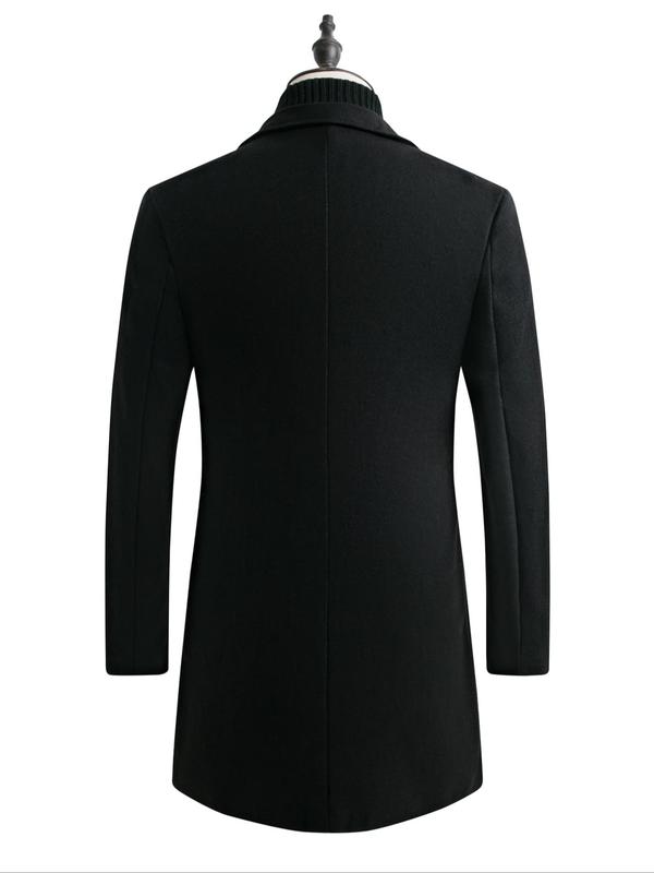 Men's Regular Fit Solid Lapel Collar Single Breasted Woolen Coat Without Sweater, Casual Long Sleeve Button Front Outerwear For Fall & Winter, Men's Clothes For Daily Wear 1