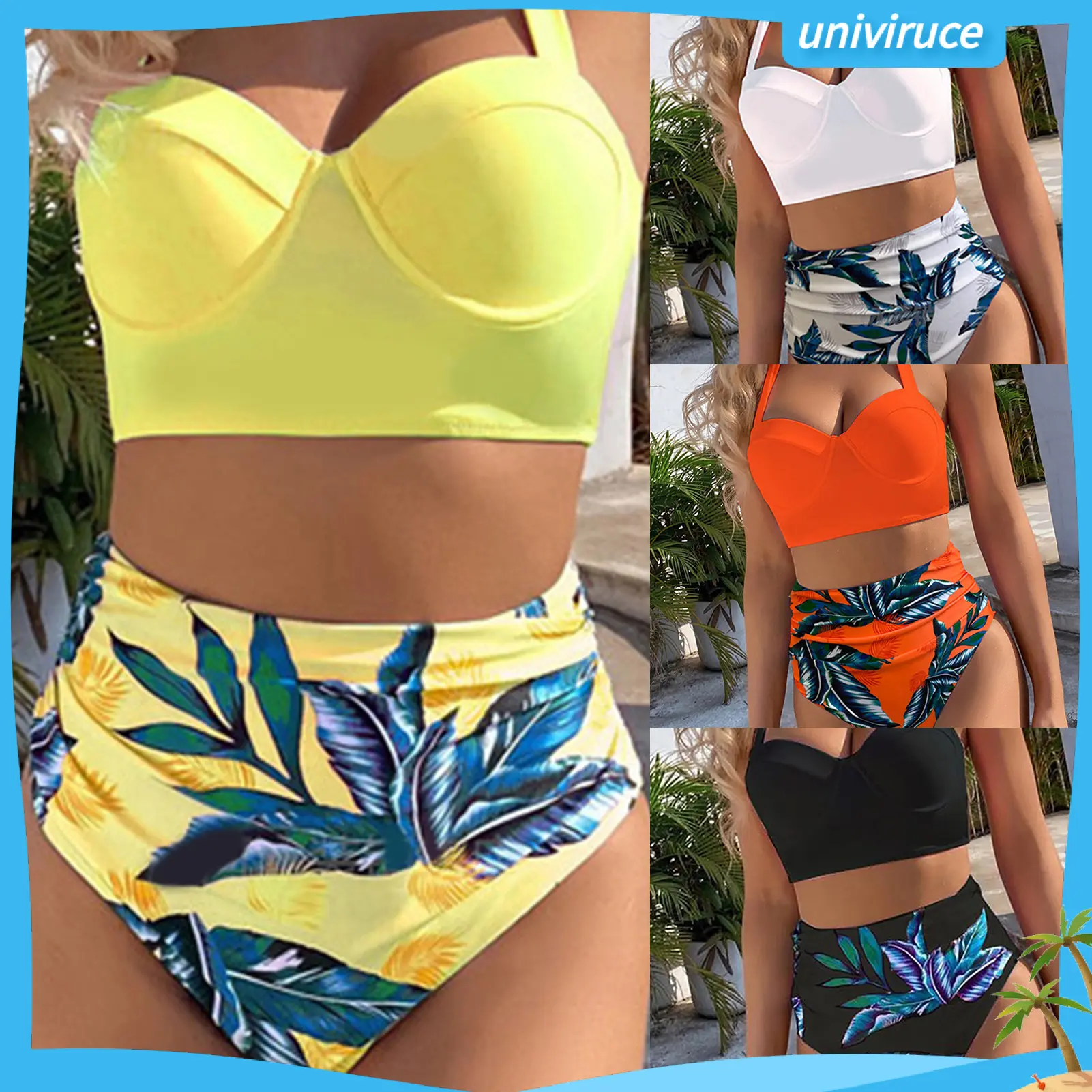 univiruce| Padded Underwire Beach Bikini Set Two Piece Halter Bra Leaf Print High Waist Briefs Swimwear for Water Activity