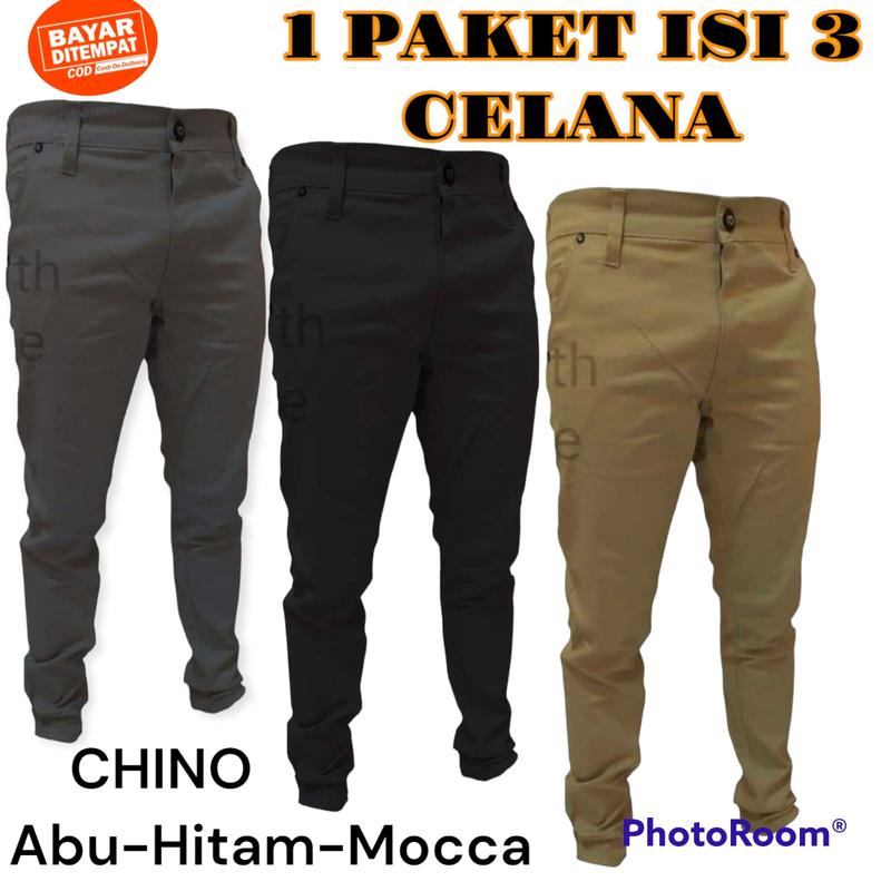 Product Introduction of PROMO MURAH!!!! 100 RIBU 3 PCS CELANA CINO PANJANG PRIA Slim-fitting Katun Hitam Polos Chino Melar chinos 4