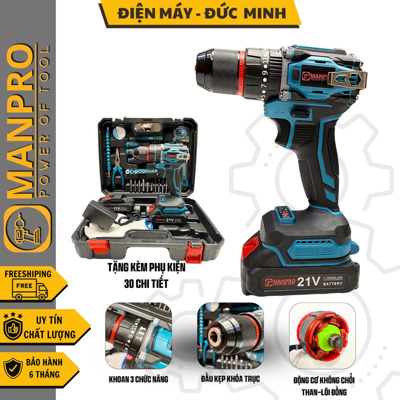  Máy khoan pin cầm tay MANPRO MA-03 3 chức năng có búa khoan tường chân pin phổ thông M21-Bảo hành  6 tháng  