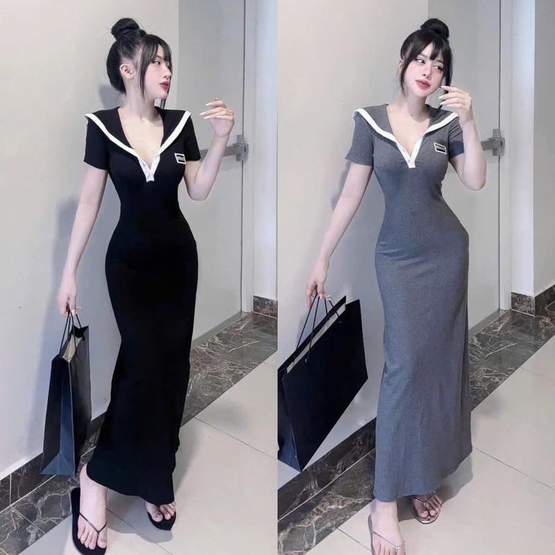 Đầm Váy Nữ Ôm Body Chất Thun Gân Tay Ngắn Dáng Dài Phối Viền Cổ KStore95