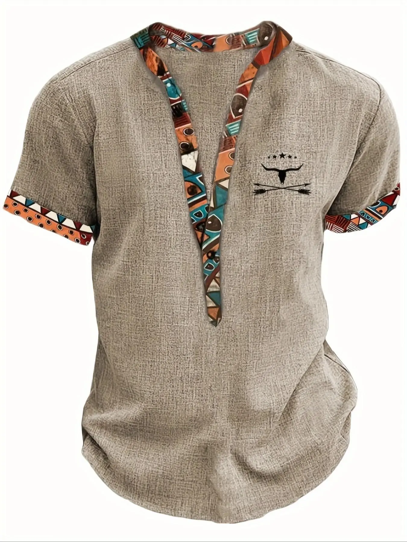 Men's Patchwork Ethnic Geometric Pattern Half Button Front Shirt, Regular Fit Casual Cattle Head Graphic Short Sleeve Mock Neck Top for Summer,  Going Out Tops, Men's Clothes for Daily Wear