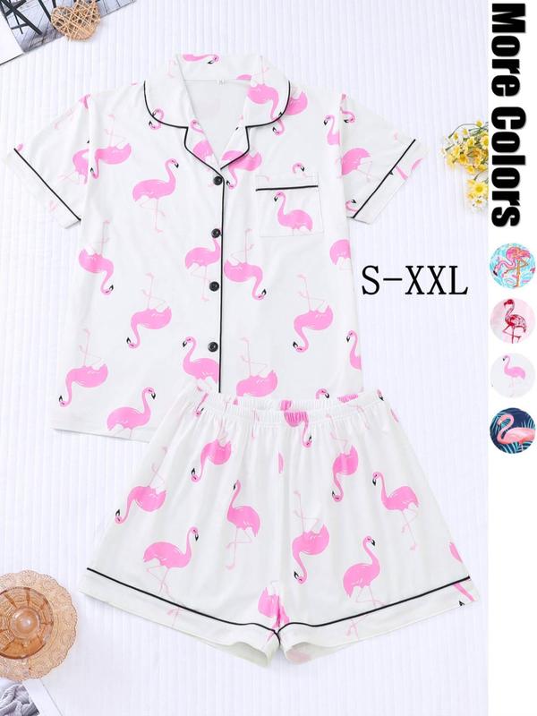 Two-piece Set Women's All Over Flamingo Print Short Sleeve  Pajama Set, Casual Comfy Lapel Neck Button Front Top & Elastic Waist Shorts Pj Set, Ladies Sleepwear for All Seasons 1