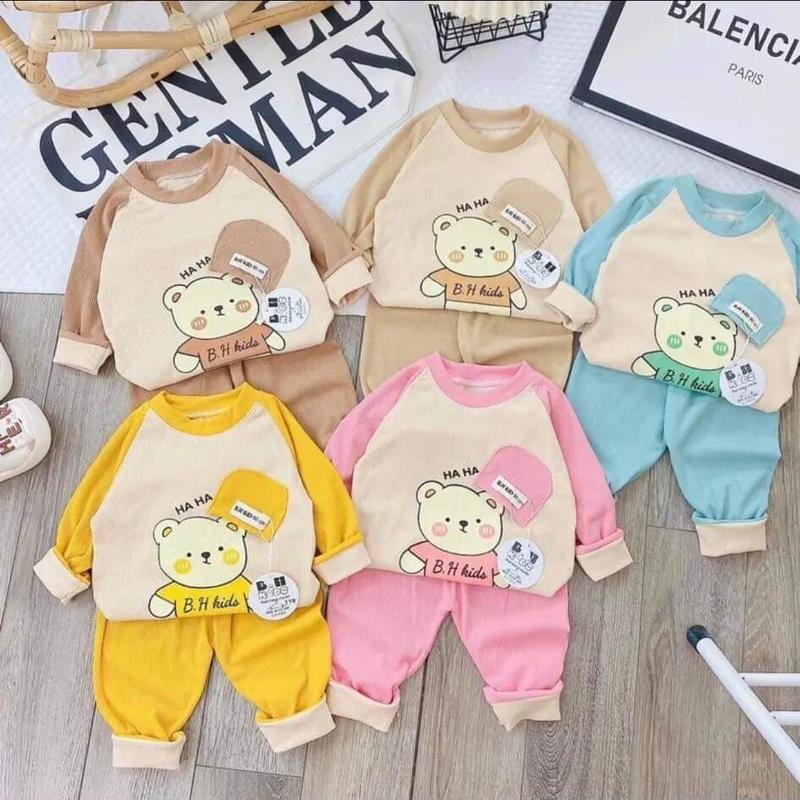 Bộ quần áo haha hình gấu đội mũ chất len tăm cho bé trai bé gái 8-18kg